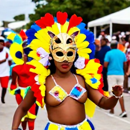 Caribbean Holidays, Dominican March Culture, Traditional Dominican Carnival parade in La Vega with elaborate masks, bright costumes, dancers and crowds