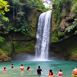 Caribbean Holidays, Dominican Nature Holidays, A clear Dominican waterfall surrounded by tropical greenery, with visitors swimming in the natural pool below