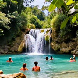 Caribbean Holidays, Dominican Nature Holidays, A clear turquoise waterfall pool surrounded by tropical greenery near Jarabacoa, with travellers swimming and relaxing beside the water