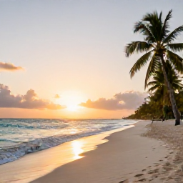Caribbean Holidays, Dominican Nature Holidays, A peaceful Caribbean beach in the Dominican Republic at sunset, with soft sand, calm turquoise water and palm trees