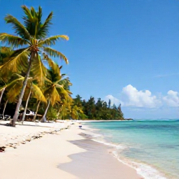 Caribbean Holidays, Dominican Nature Holidays, A peaceful Dominican Republic beach near Saman&aacute; with coconut palms, clear shallow water and a quiet December afternoon