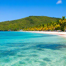 Caribbean Holidays, Dominican Nature Holidays, A sunny February landscape in the Dominican Republic with turquoise Caribbean water, palm-fringed beach, green hills and clear blue skies