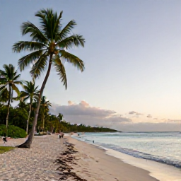 Caribbean Holidays, Dominican Nature Holidays, A wide Caribbean beach in the Dominican Republic at sunrise in December, with palm trees, calm turquoise water and a few distant travellers