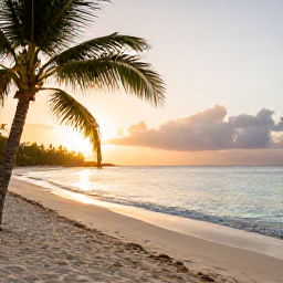 Caribbean Holidays, Dominican Nature Holidays, A wide Caribbean beach in the Dominican Republic at sunrise in January, with calm turquoise water, palms and soft golden light