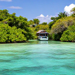 Caribbean Holidays, Dominican Nature Holidays, Calm turquoise lagoon with mangroves and small boat in Los Haitises National Park, Dominican Republic