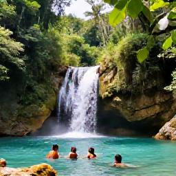 Caribbean Holidays, Dominican Nature Holidays, Clear turquoise waterfall pool in the Dominican Republic with visitors swimming beneath a lush green forest canopy