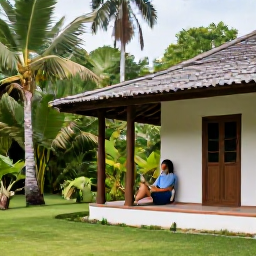 Caribbean Holidays, Dominican Nature Holidays, Friendly eco-lodge in the Dominican Republic surrounded by tropical gardens, with a traveller relaxing on a shaded veranda