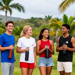Caribbean Holidays, Dominican Nature Holidays, Friendly travellers enjoying an eco-conscious Dominican Republic nature holiday, with reusable water bottles and tropical scenery behind them