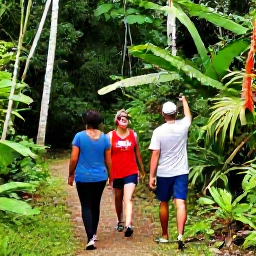 Caribbean Holidays, Dominican Nature Holidays, Friendly travellers walking through a green Dominican Republic nature reserve with a local guide