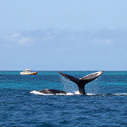 Caribbean Holidays, Dominican Nature Holidays, Humpback whales surfacing near the coast of Saman&aacute; Bay, Dominican Republic, with a small respectful viewing boat in the distance