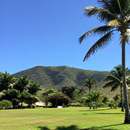 Caribbean Holidays, Dominican Nature Holidays, Lush Dominican Republic countryside with palm trees, tropical hills and a clear blue sky in July