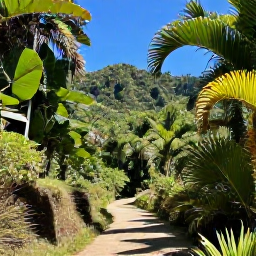 Caribbean Holidays, Dominican Nature Holidays, Lush Dominican Republic mountain valley in May, with tropical greenery, clear blue sky and a peaceful walking trail
