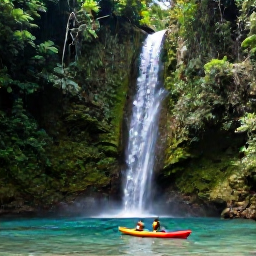 Caribbean Holidays, Dominican Nature Holidays, Lush tropical rainforest and a clear waterfall in Los Haitises National Park, Dominican Republic, with mangroves and a small kayak