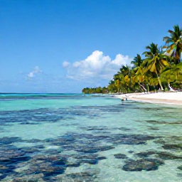 Caribbean Holidays, Dominican Nature Holidays, Quiet Dominican Republic beach with coconut palms, clear blue water and a snorkeller exploring a healthy coral reef