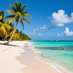 Caribbean Holidays, Dominican Nature Holidays, Quiet Dominican Republic beach with turquoise water, coconut palms and a snorkeller exploring a coral reef