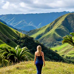 Caribbean Holidays, Dominican Nature Holidays, Traveller hiking through green mountain scenery in the Dominican Republic, with a valley, palms and distant blue hills