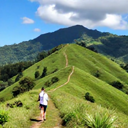 Caribbean Holidays, Dominican Nature Holidays, Traveller hiking through the green hills of the Dominican Republic near Jarabacoa, with mountain scenery and a clear trail