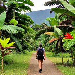 Caribbean Holidays, Dominican Nature Holidays, Traveller walking on a forest trail in the Dominican Republic with tropical plants and mountain scenery