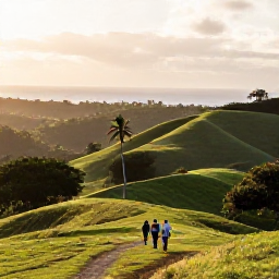 Caribbean Holidays, Dominican Nature Holidays, Travellers walking through a tropical Dominican Republic landscape at golden hour, with green hills, palms and a distant Caribbean sea view