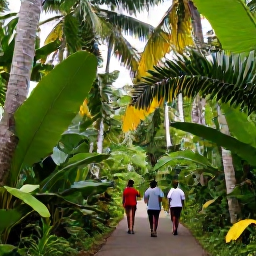 Caribbean Holidays, Dominican Nature Holidays, Visitors walking through a lush tropical forest in the Dominican Republic, with tall palms, broad leaves and a clear woodland trail