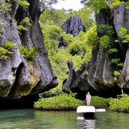 Caribbean Holidays, Dominican Nature Holidays, Visitors walking through lush tropical rainforest in Los Haitises National Park, with limestone cliffs, mangroves and calm water