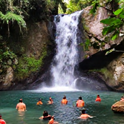 Caribbean Holidays, Dominican Nature Holidays, Waterfall and jungle pool in the Dominican Republic, surrounded by green tropical forest and visitors swimming