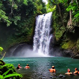 Caribbean Holidays, Dominican Nature Holidays, Waterfall surrounded by dense tropical forest in the Dominican Republic, with visitors swimming in a natural pool