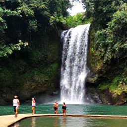 Caribbean Holidays, Dominican Nature Holidays, Waterfall surrounded by tropical forest near Jarabacoa, Dominican Republic, with visitors walking along a natural pool