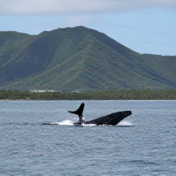 Caribbean Holidays, Dominican Nature, Humpback whale watching boat near the Bay of Samana, Dominican Republic, with calm sea and distant green mountains