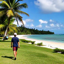 Caribbean Holidays, Dominican Nature March, Eco-friendly Dominican Republic holiday scene with a traveller walking through a green coastal landscape beside a quiet beach