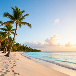 Caribbean Holidays, Dominican Nature March, Quiet tropical beach in the Dominican Republic at sunrise, with palm trees, clear turquoise water and soft golden light