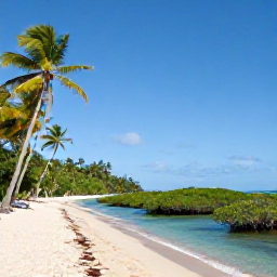 Caribbean Holidays, Dominican Nature, Quiet Caribbean beach and protected nature reserve in the Dominican Republic, mangroves and palm trees under a clear November sky