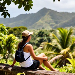 Caribbean Holidays, Dominican Nature, Traveller relaxing beside a natural Dominican Republic landscape after an outdoor excursion, tropical greenery and Caribbean hills in the background