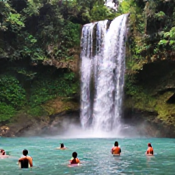 Caribbean Holidays, Dominican Nature, Waterfall and turquoise natural pool in the Dominican Republic rainforest, visitors swimming and walking through lush vegetation