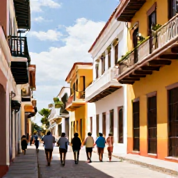 Caribbean Holidays, Dominican November, Visitors walking through the colonial streets of Santo Domingo, admiring colourful buildings, balconies and historic architecture in warm November sunshine