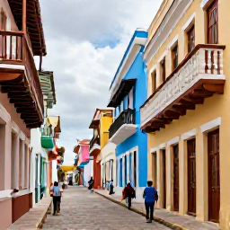 Caribbean Holidays, Dominican Republic Adults Only, Colourful colonial street in Santo Domingo, Dominican Republic, with historic buildings, balconies and visitors exploring in warm weather