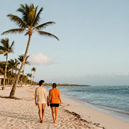 Caribbean Holidays, Dominican Republic Adults Only, Couple walking along a wide palm-fringed beach in Punta Cana, Dominican Republic, with calm blue water and soft August sunlight