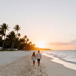 Caribbean Holidays, Dominican Republic Adults Only, Couple walking along a wide white-sand beach at sunset in Punta Cana, Dominican Republic