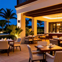 Caribbean Holidays, Dominican Republic Adults Only December, Elegant adults-only resort restaurant in the Dominican Republic with outdoor tables, tropical plants and warm evening lighting