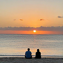 Caribbean Holidays, Dominican Republic Adults Only December, Romantic sunset over a Dominican Republic beach with two adults seated near the water and a calm Caribbean sea