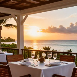 Caribbean Holidays, Dominican Republic Adults Only, Elegant adults-only resort restaurant serving Dominican and international food at an outdoor terrace at sunset