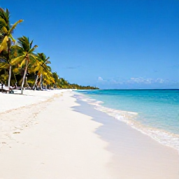 Caribbean Holidays, Dominican Republic April, A bright Caribbean beach in the Dominican Republic with calm turquoise water, soft white sand, palm trees and clear April sunshine
