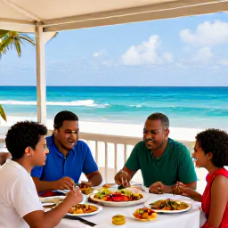 Caribbean Holidays, Dominican Republic April, A family enjoying a colourful Dominican Republic meal at an outdoor restaurant near the coast