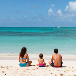 Caribbean Holidays, Dominican Republic April, A family relaxing on a bright sandy beach beside calm turquoise Caribbean water in the Dominican Republic