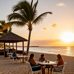 Caribbean Holidays, Dominican Republic April, A relaxed sunset scene at a Dominican Republic beachfront resort, with palm trees, warm golden light, outdoor dining and guests enjoying the evening