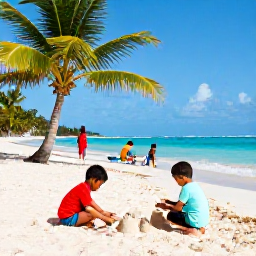 Caribbean Holidays, Dominican Republic April, Children building sandcastles while parents relax under palm trees on a Dominican Republic beach
