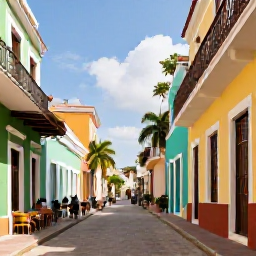 Caribbean Holidays, Dominican Republic April, Colourful colonial street in Santo Domingo, Dominican Republic, with historic buildings, caf&eacute;s and visitors exploring in warm April weather