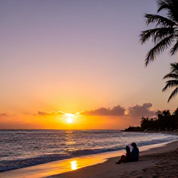 Caribbean Holidays, Dominican Republic April, Colourful Dominican Republic sunset over a tropical beach, with a couple seated near the shoreline and gentle waves