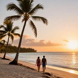 Caribbean Holidays, Dominican Republic April, Couple walking along a Dominican Republic beach at sunset in April, warm golden light, palm trees and calm Caribbean water