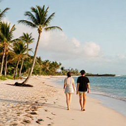 Caribbean Holidays, Dominican Republic April, Couple walking along a quiet palm-fringed beach in Punta Cana during a warm April afternoon